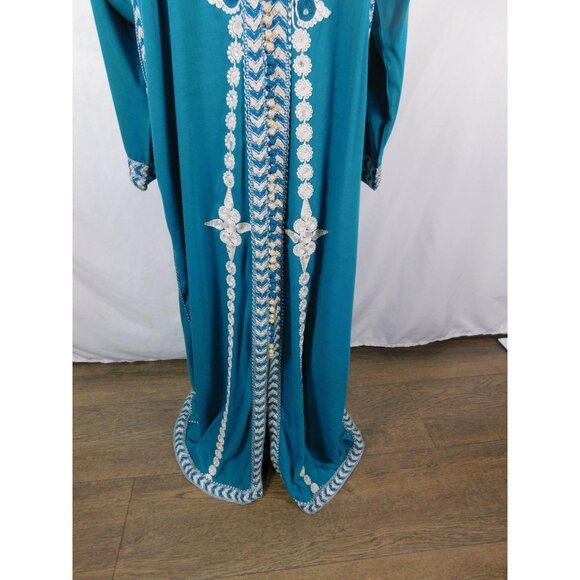Moroccan Djellaba Robe Womens One Size Teal Hooded Embroidered Beaded Kaftan - Picture 3 of 12